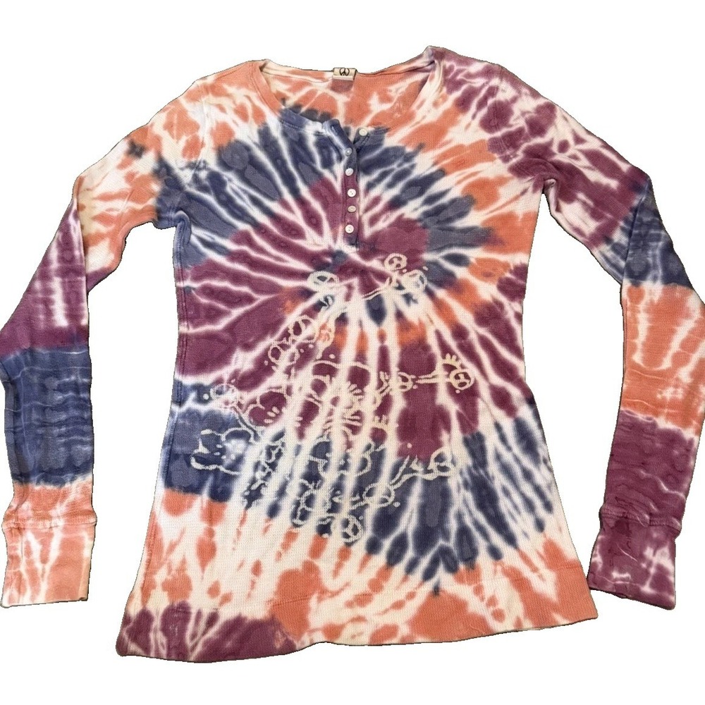 Lucky Brand Womens Tie-Dye Henley Top Long Sleeve Button Knit Size S Multi